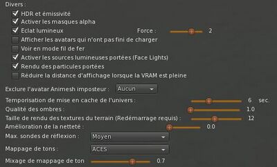 Interface des options classées dans divers